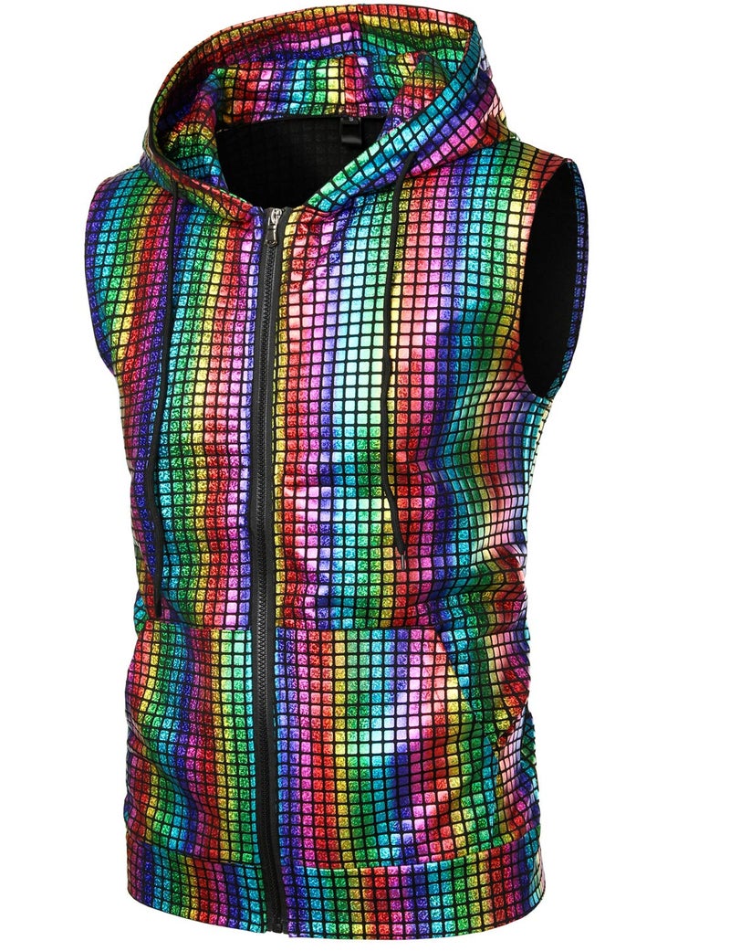 ZEROYAA Mens Hipster Metallic Sequins Zip Up Sleeveless Hooded Vest T Shirt with Kangaroo Pocket ZLSV17 Multicolour Medium - Image 3